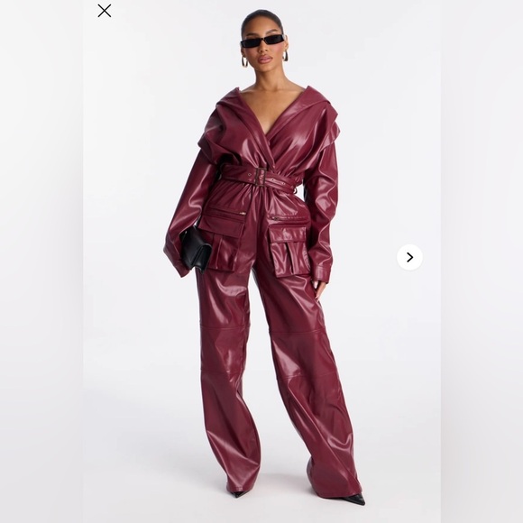 Fashion Nova Pants - Sloane Hooded Cargo Leather Jumpsuit - Burgundy